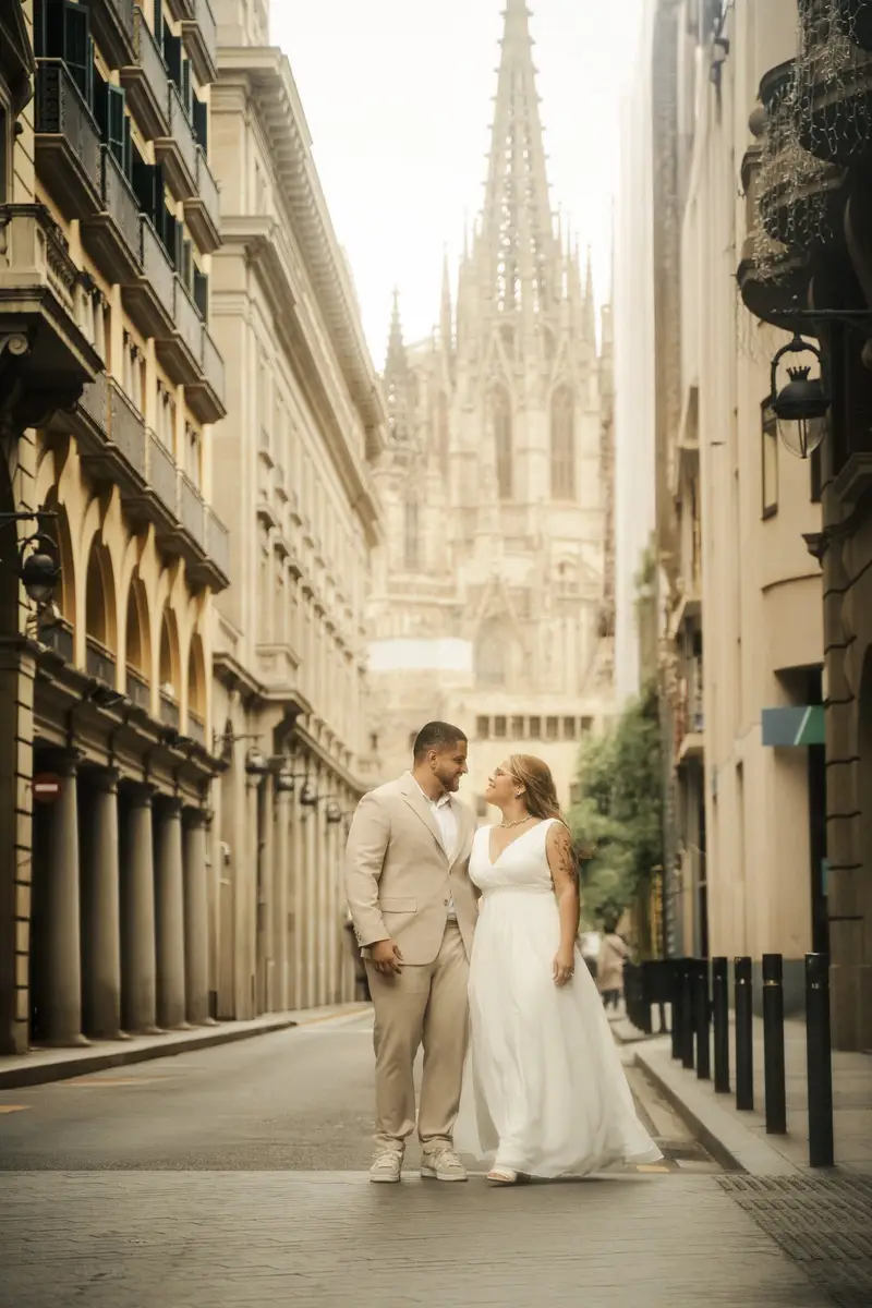 Gisele e Victor abraçados no meio de uma rua vazia, ao longe, com as torres góticas da catedral ao fundo