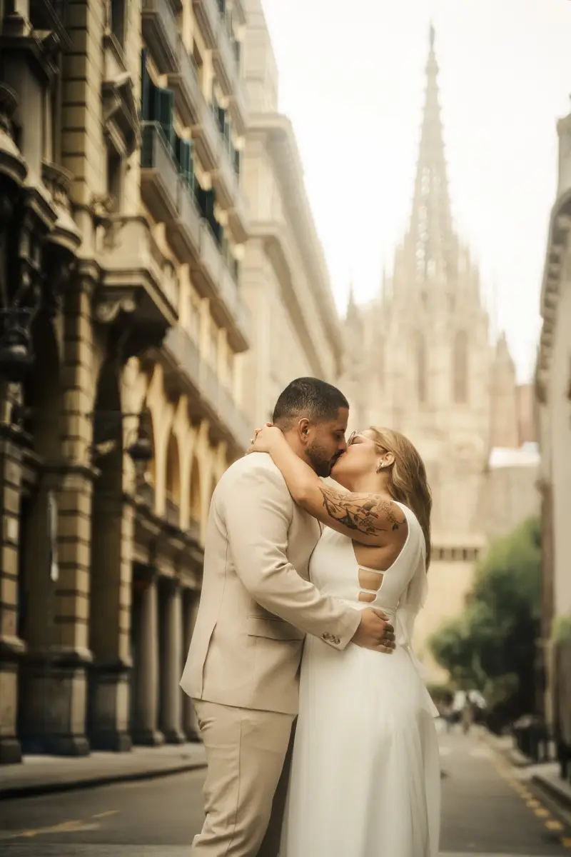 O casal se beijando na mesma rua, agora de perto, com a torre da catedral desfocada atrás