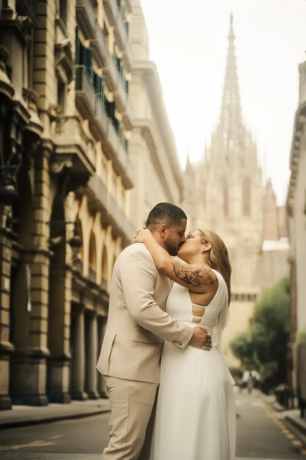 Gisele e Victor se beijando numa rua do centro histórico, com a torre da catedral ao fundo
